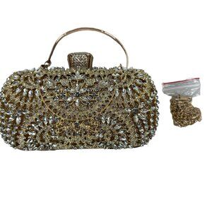 Gold Rhinestone Evening Clutch Purse With Detachable Chain Strap & Snap Closure